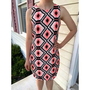 Hot pink and black printed and beaded shift dress